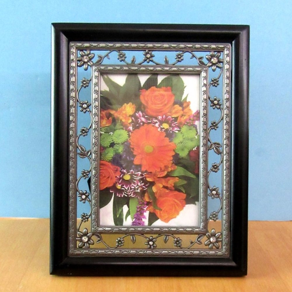 MALDEN engraved openwork pewter & rhinestone flower picture frame -4" x 6" photo